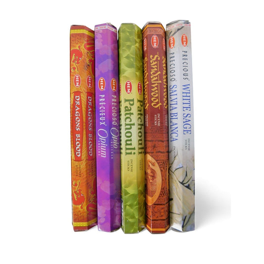 The Witches' Quest incense pack featuring five HEM scent tubes including Dragon's Blood, Opium, Patchouli, and Sage.