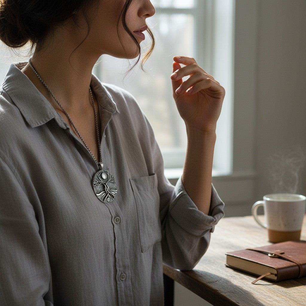 The Witches' Quest silver-tone Tree of Life pendant necklace worn by a woman in a grey shirt near a coffee mug.