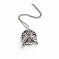 The Witches' Quest silver metal alloy pendant necklace featuring an intricate tree of life and twin ravens design.