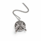 The Witches' Quest silver metal alloy pendant necklace featuring an intricate tree of life and twin ravens design.