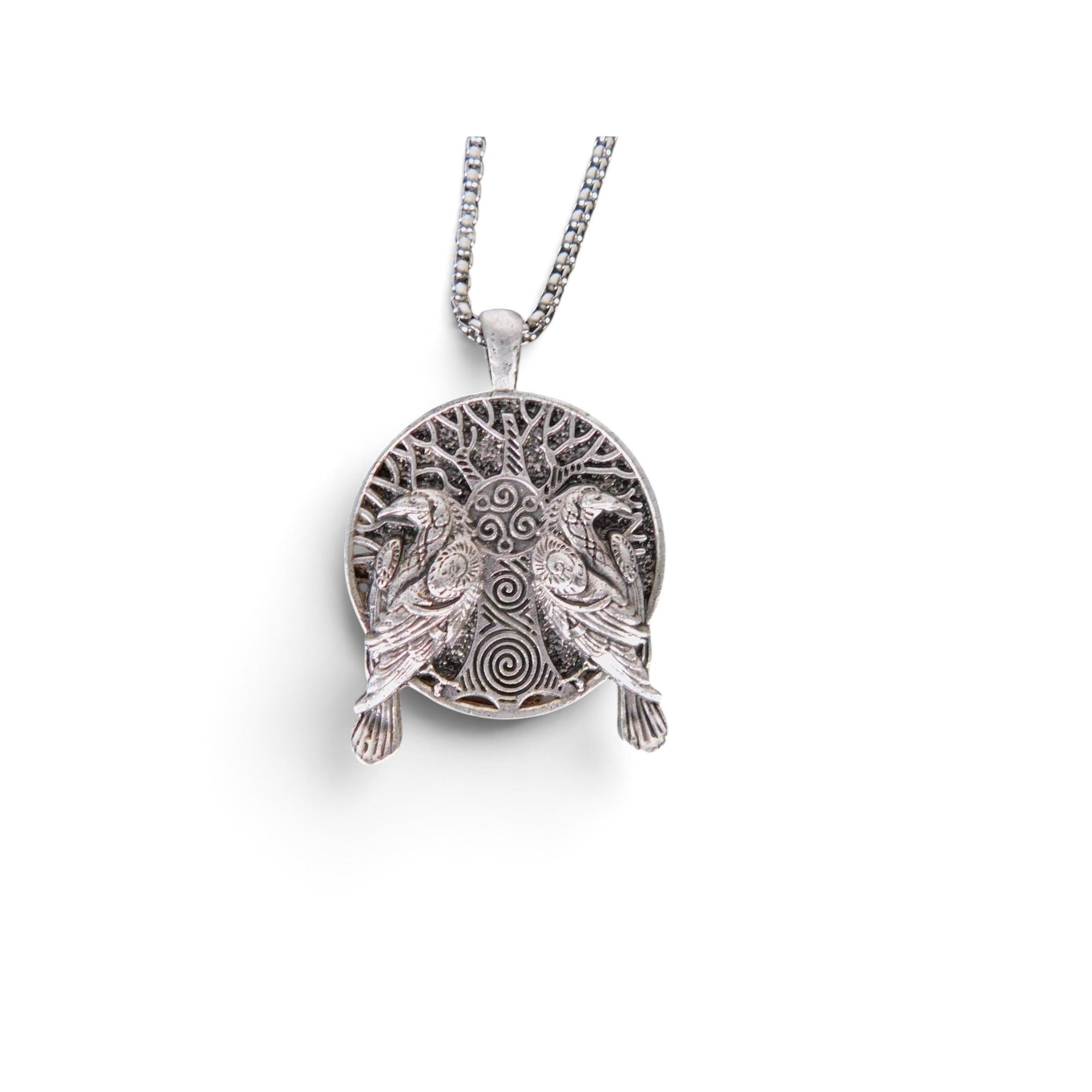 The Witches' Quest silver metal alloy pendant necklace featuring an intricate tree of life and twin raven design.