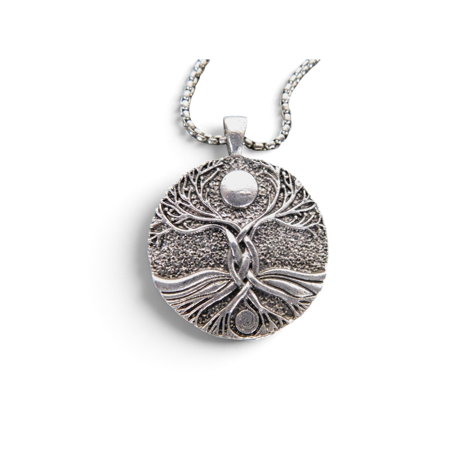 The Witches' Quest silver-tone Tree of Life pendant necklace with a textured round design on a 23.5-inch chain.