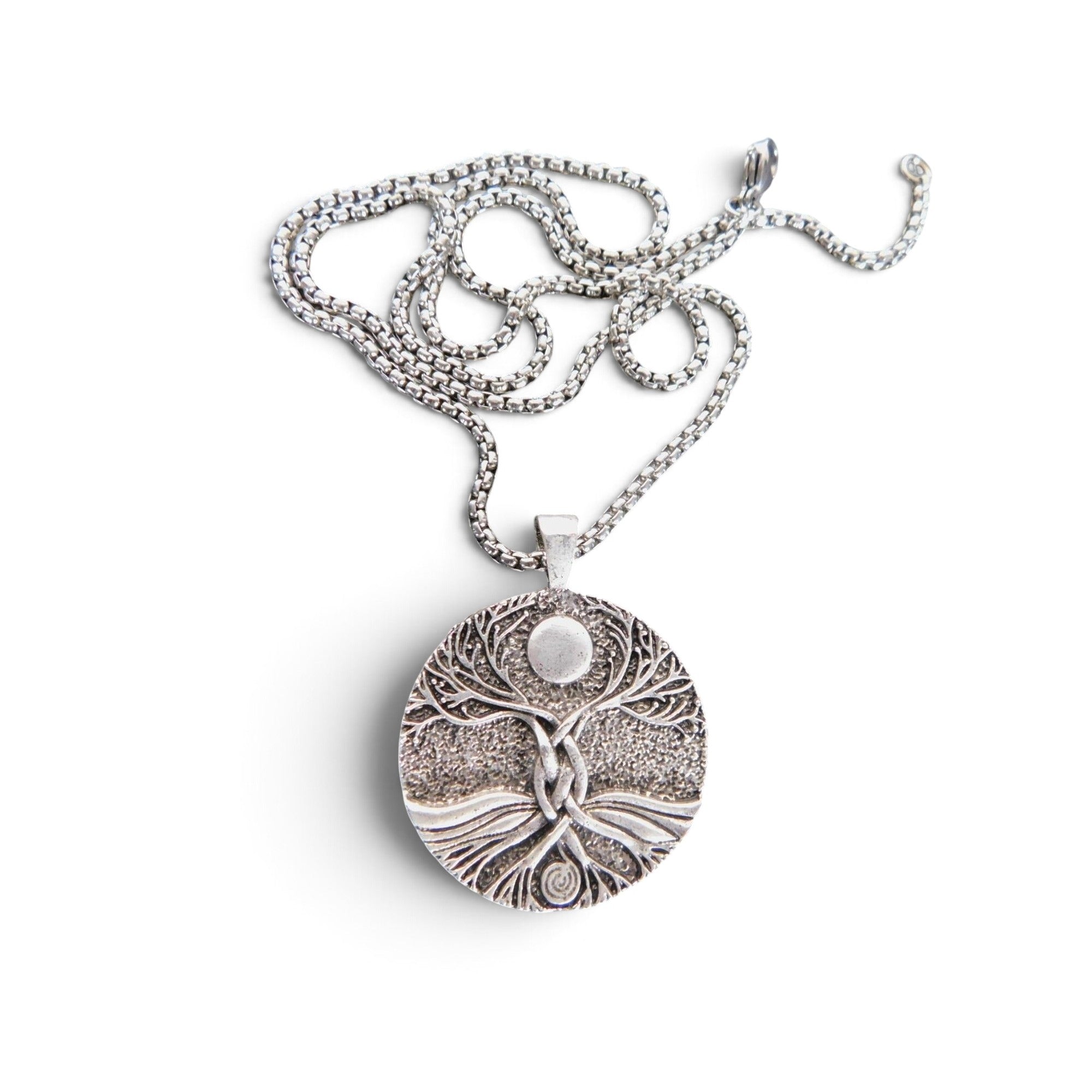 The Witches' Quest silver-tone Tree of Life pendant necklace with a 1.4-inch round charm and 23.5-inch box chain.