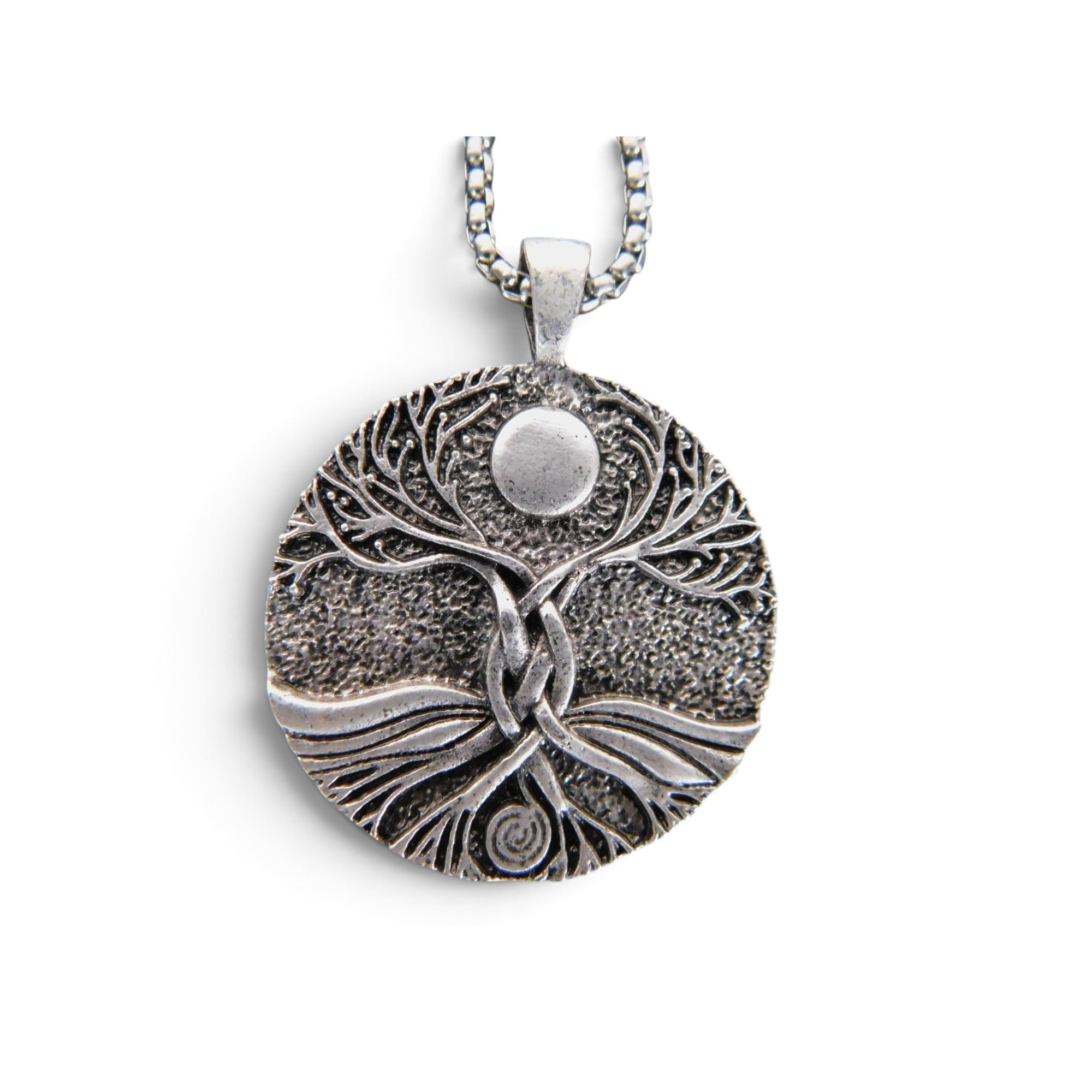 The Witches' Quest silver-tone Tree of Life pendant necklace with a round textured design on a 23.5-inch chain.
