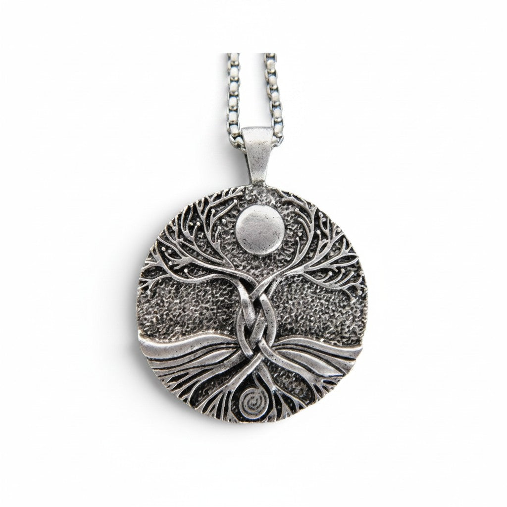 The Witches' Quest silver-tone Tree of Life pendant necklace with intricate Celtic knot roots on a 23.5-inch chain.