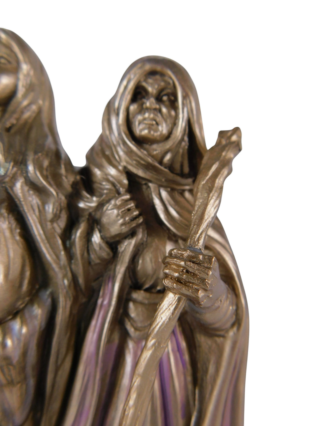 The Witches' Quest bronze-toned Triple Goddess statue featuring the Crone figure holding a staff with purple accents.
