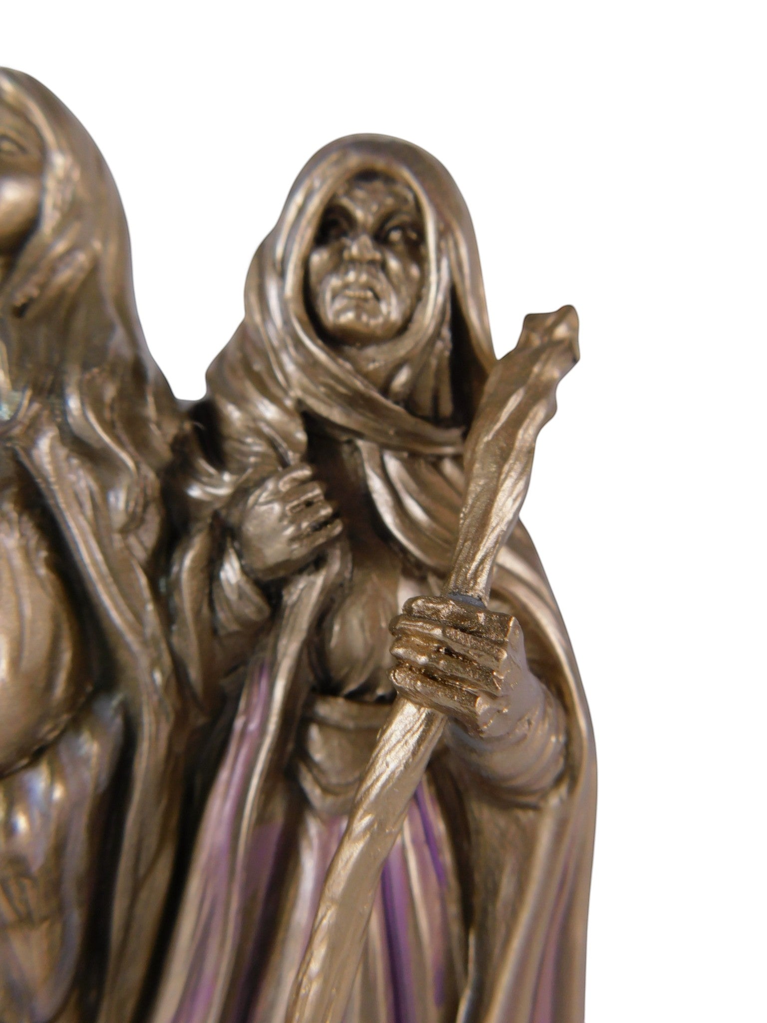 The Witches' Quest bronze-toned Triple Goddess statue featuring the Crone figure holding a staff with purple accents.