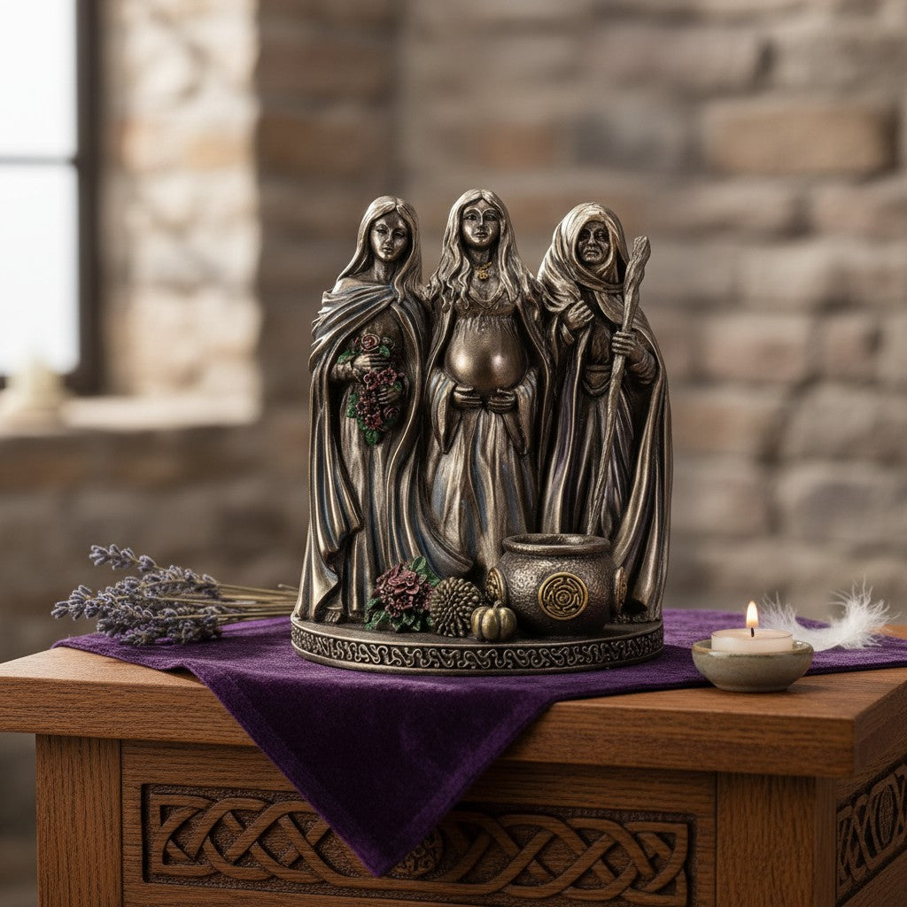 The Witches' Quest bronze-toned Triple Goddess figurine featuring Maiden, Mother, and Crone on a Celtic base.