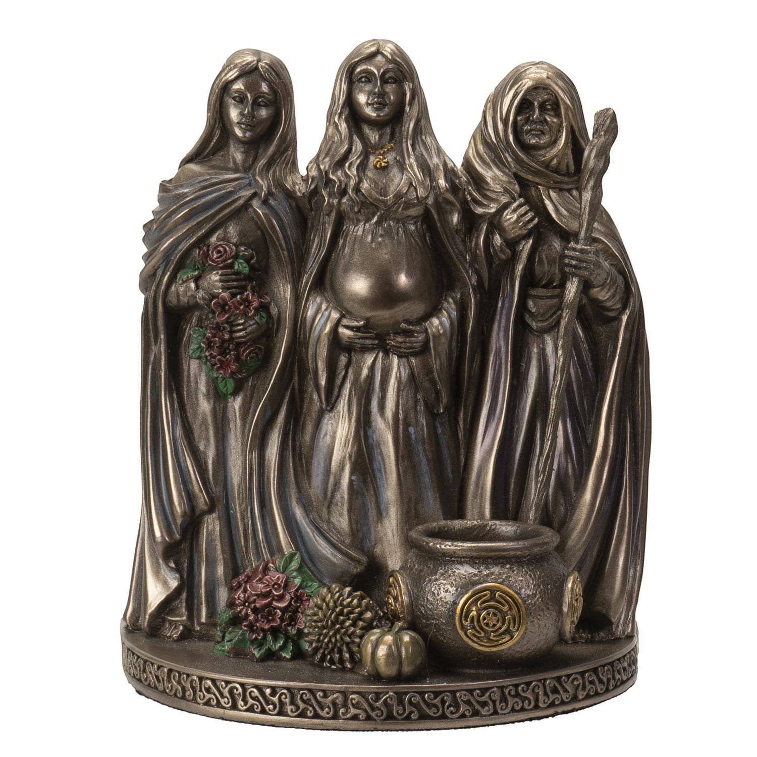 The Witches' Quest bronze-toned Triple Goddess figurine featuring Maiden, Mother, and Crone with a cauldron on a Celtic base.
