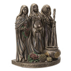The Witches' Quest bronze-toned Triple Goddess statue featuring Maiden, Mother, and Crone figures with incense holder.