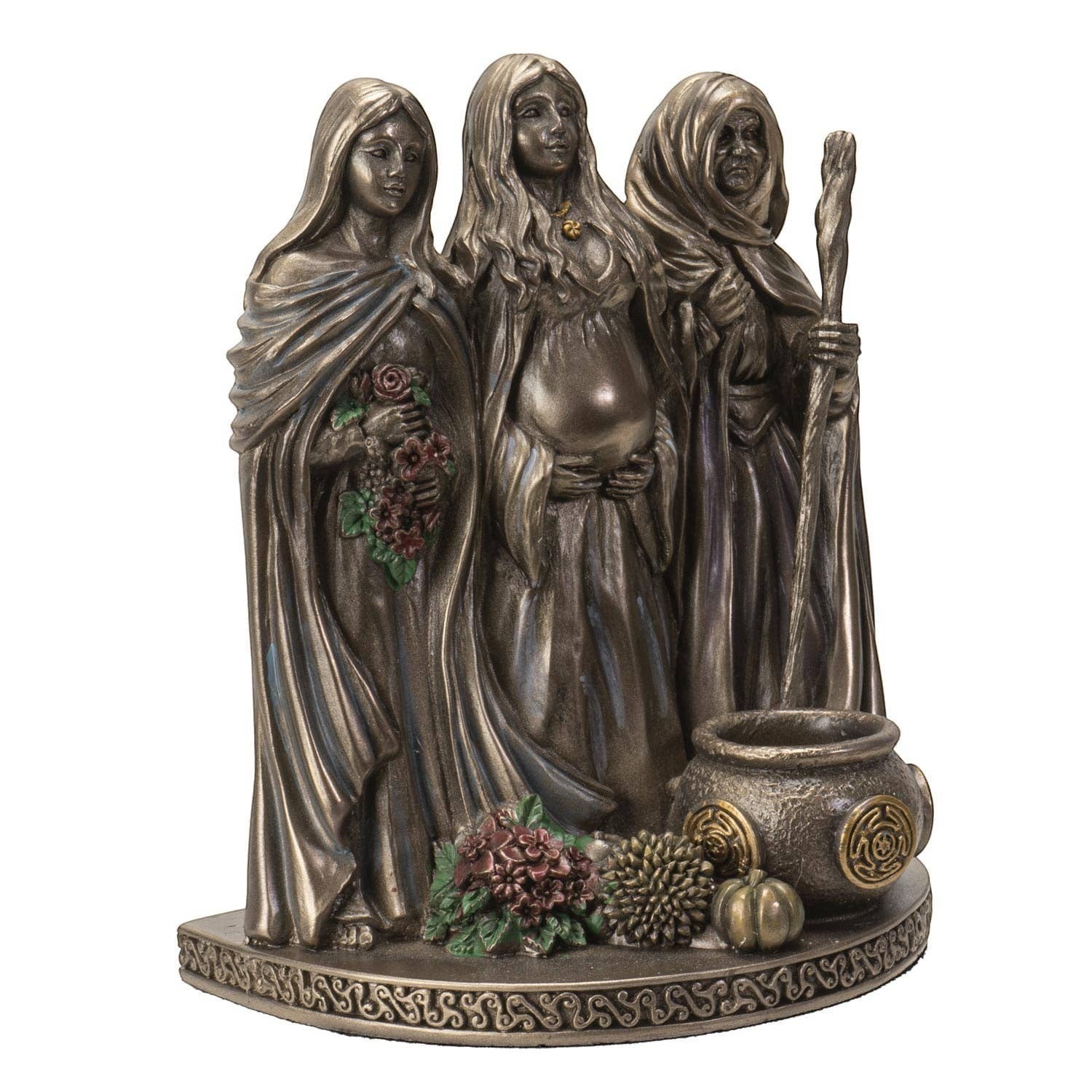 The Witches' Quest bronze-toned Triple Goddess statue featuring Maiden, Mother, and Crone figures with incense holder.