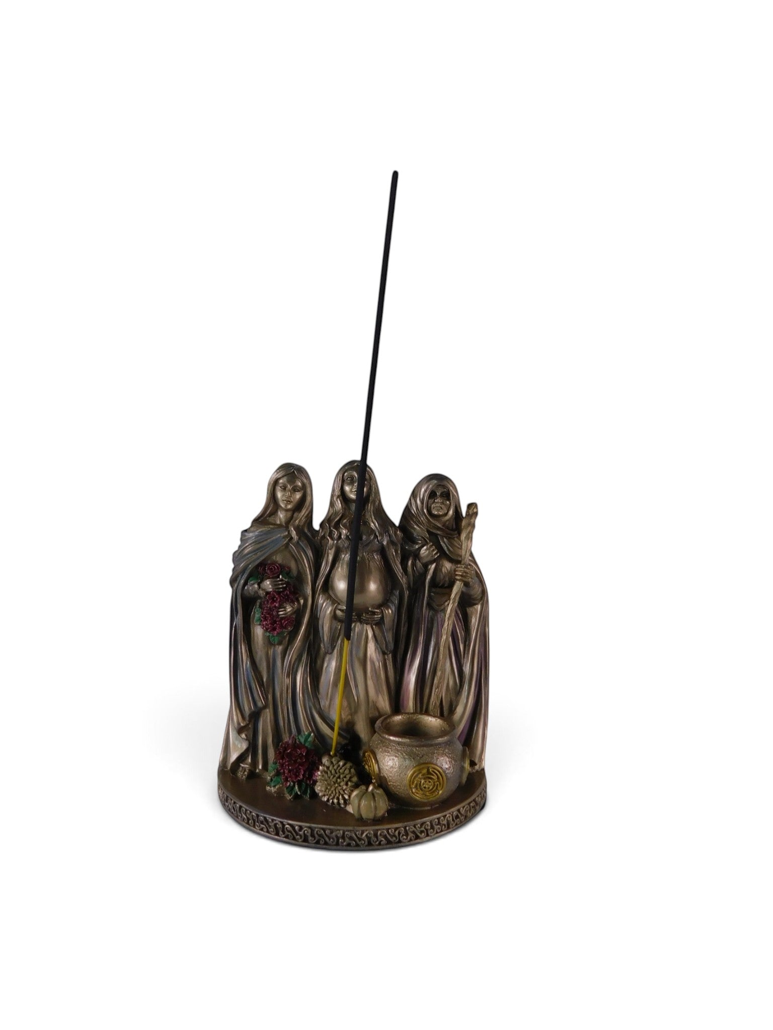 The Witches' Quest bronze-toned Triple Goddess incense holder featuring Maiden, Mother, and Crone figures with a cauldron