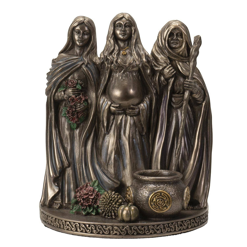 The Witches' Quest Triple Goddess statue featuring Maiden, Mother, and Crone with bronze finish and incense holder base.