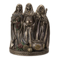 The Witches' Quest Triple Goddess statue featuring Maiden, Mother, and Crone with bronze finish and incense holder base.