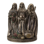 The Witches' Quest Triple Goddess statue featuring Maiden, Mother, and Crone with bronze finish and incense holder base.