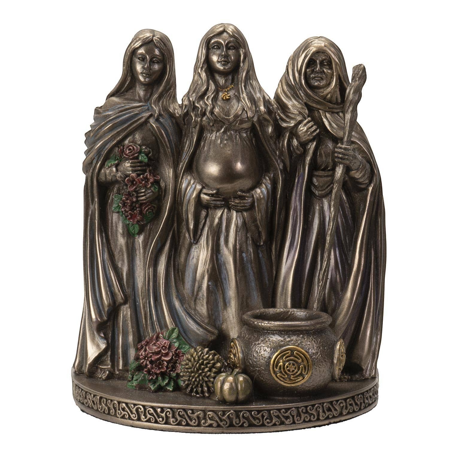 The Witches' Quest Triple Goddess statue featuring Maiden, Mother, and Crone with bronze finish and incense holder base.