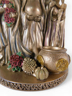 The Witches' Quest bronze Triple Goddess incense holder statue featuring Maiden, Mother, and Crone figures with a cauldron