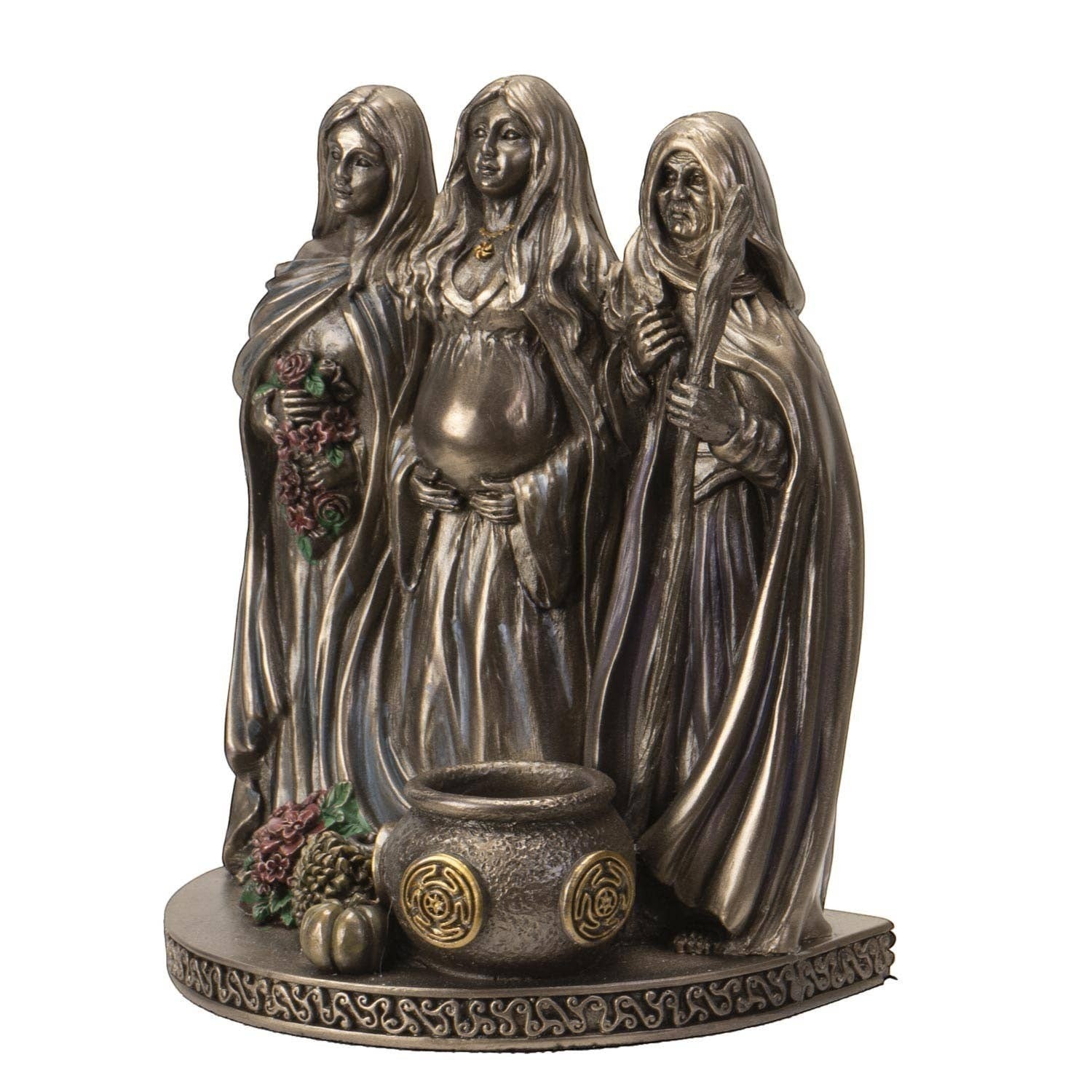 The Witches' Quest bronze-toned Triple Goddess statue featuring Maiden, Mother, and Crone figures with an incense holder.