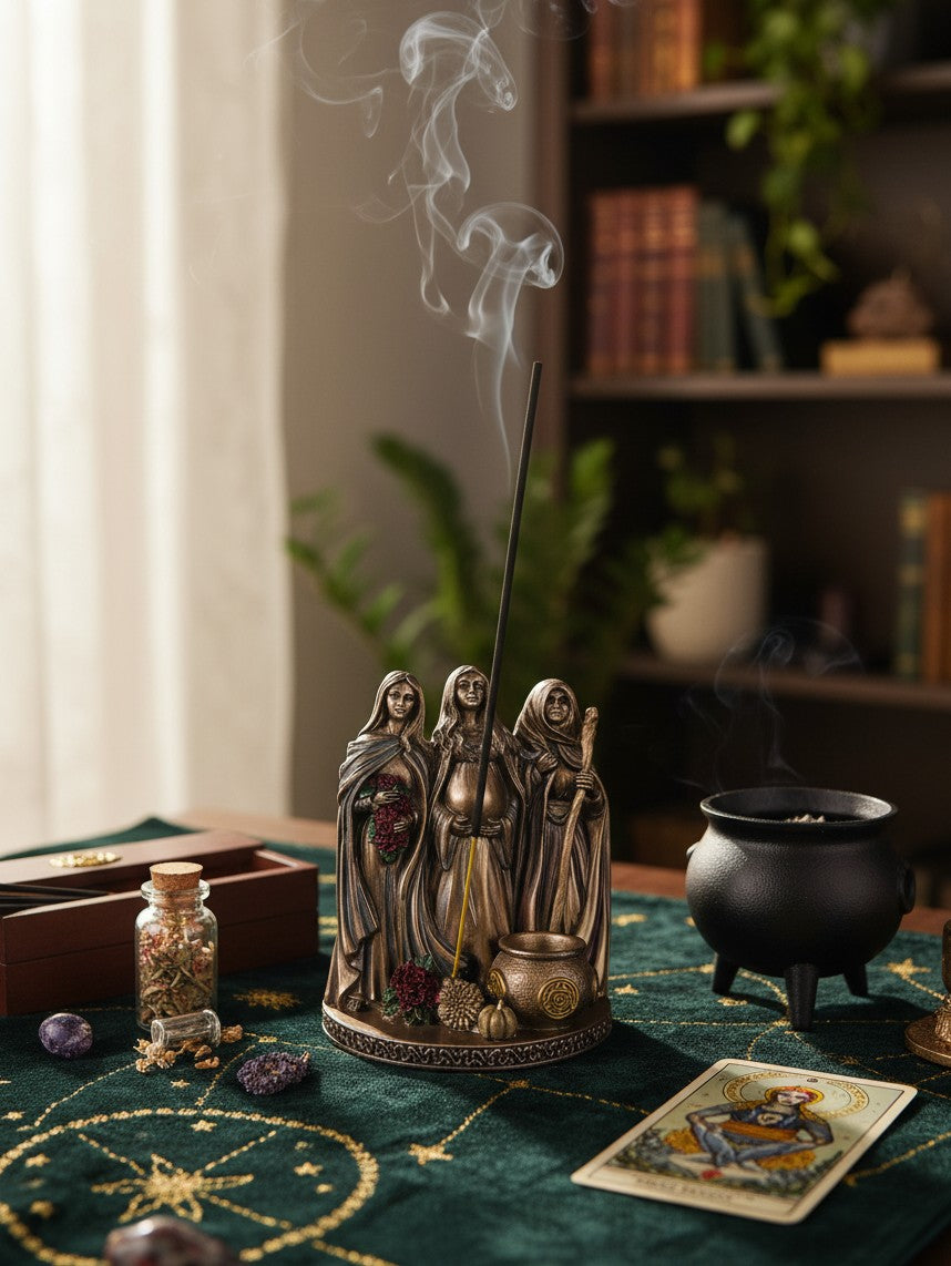 The Witches' Quest Triple Goddess incense holder statue featuring Maiden, Mother, and Crone figures in bronze finish.