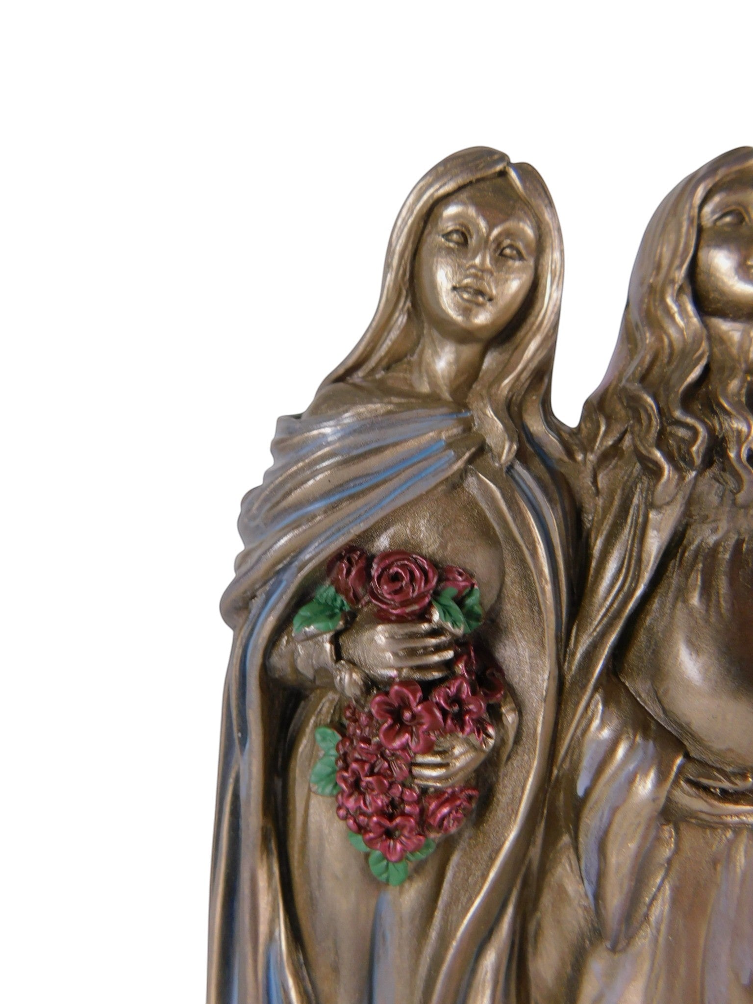 The Witches' Quest Triple Goddess statue featuring the Maiden holding flowers with a bronze finish and colorful accents.