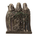 The Witches' Quest bronze-toned Triple Goddess statue showing the back view with a sculpted tree and Celtic base.