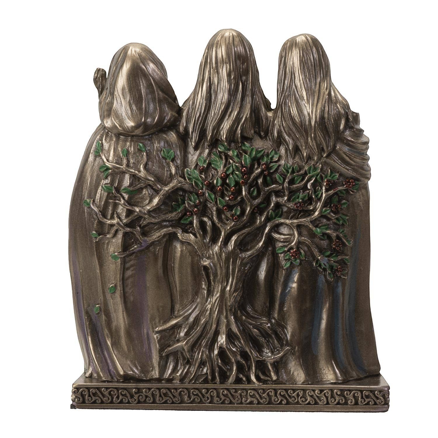 The Witches' Quest bronze-toned Triple Goddess statue showing the back view with a sculpted tree and Celtic base.