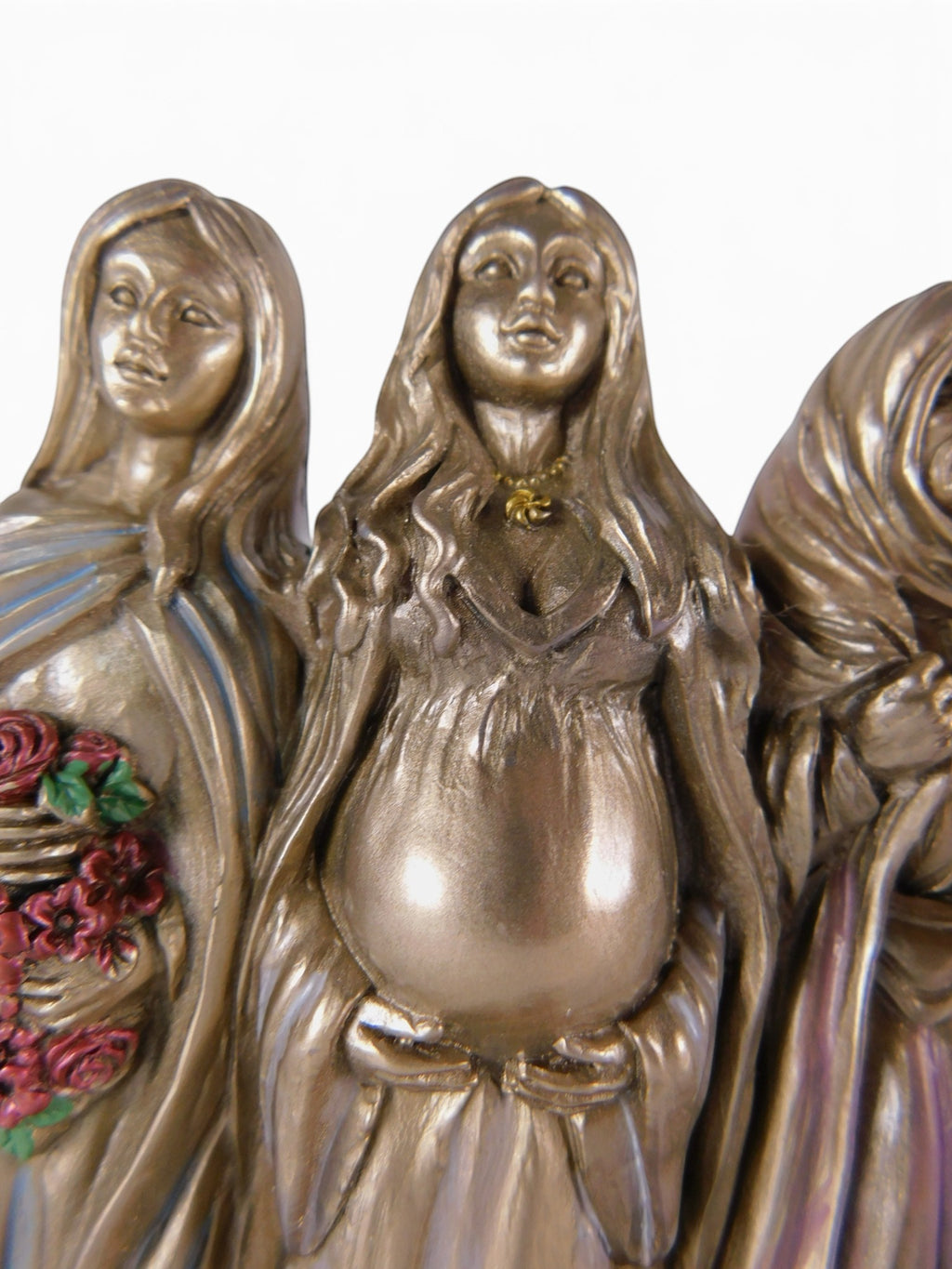 The Witches' Quest Triple Goddess statue featuring Maiden, Mother, and Crone figures in a bronze-toned resin finish.