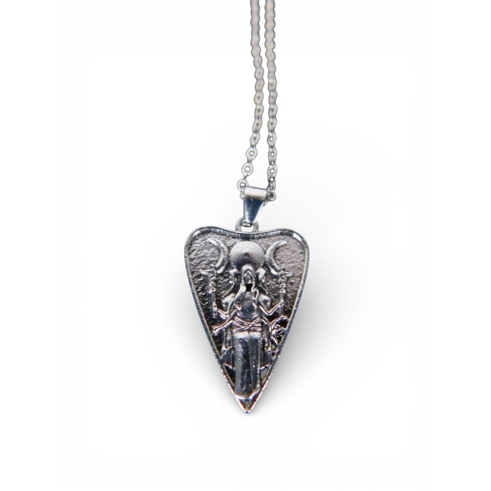 The Witches' Quest silver tone heart pendant necklace featuring a raised Triple Moon goddess relief on a cable chain.