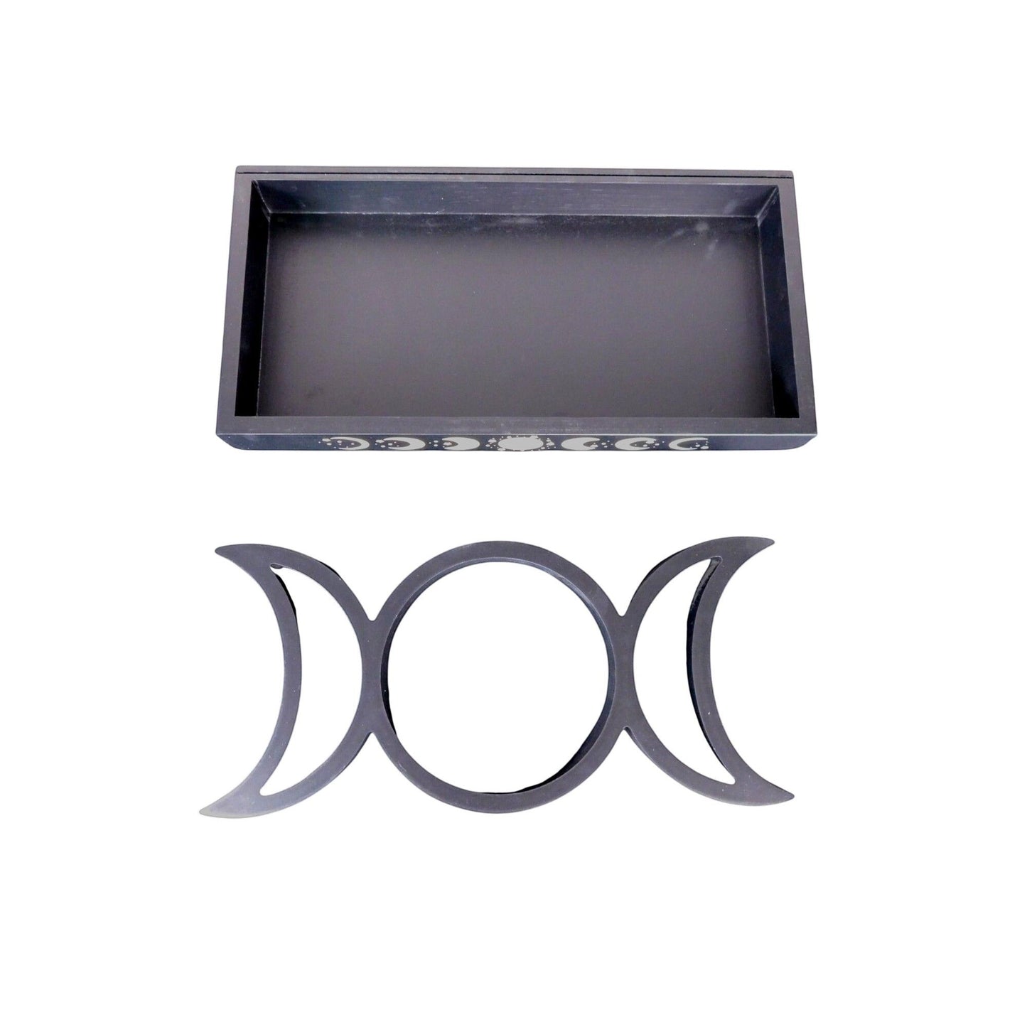 The Witches' Quest black wooden tarot card and crystal display tray featuring a triple moon phase design.