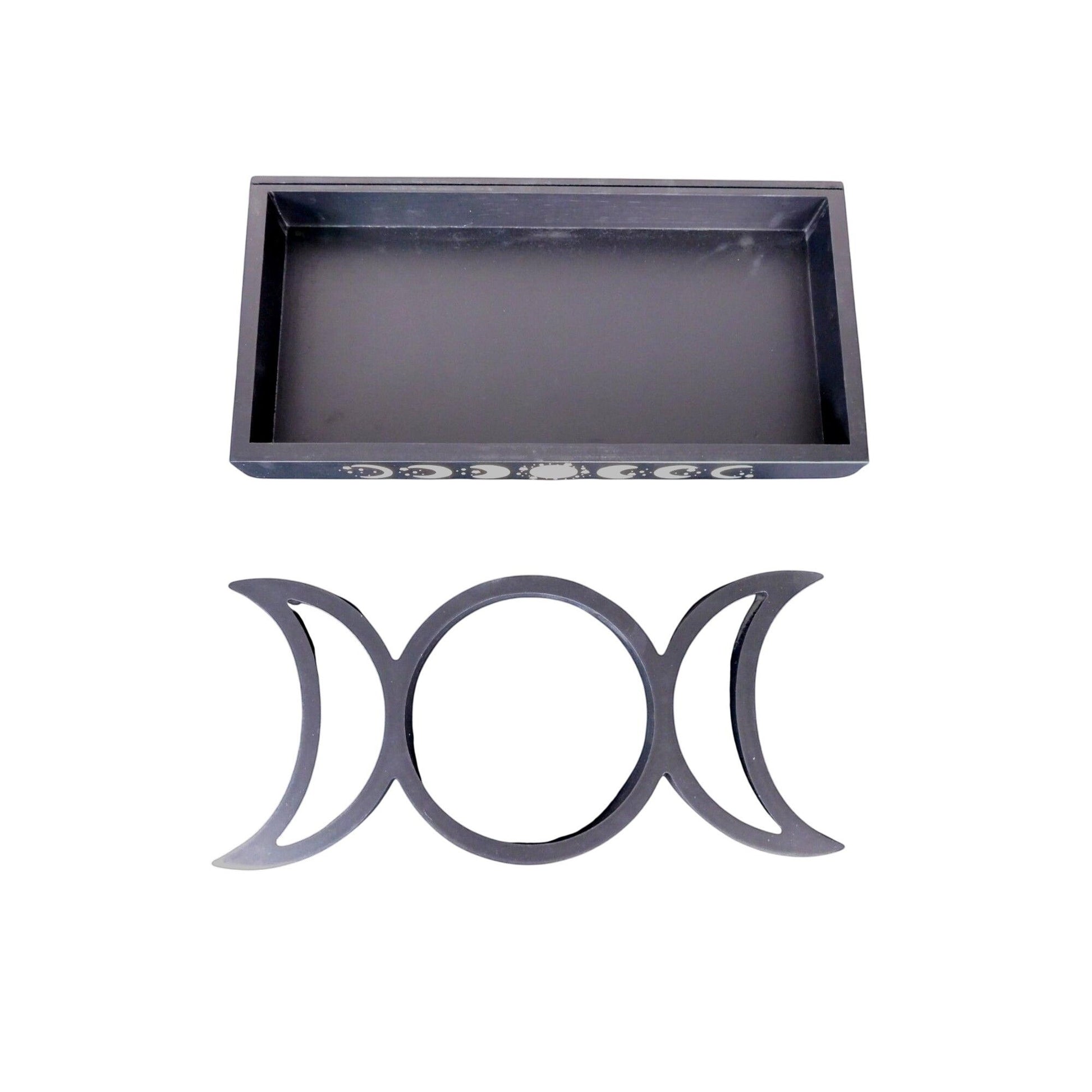 The Witches' Quest black wooden tarot card and crystal display tray featuring a triple moon phase design.