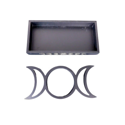The Witches' Quest black wooden tarot card and crystal display tray featuring a triple moon phase design.