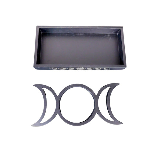 The Witches' Quest black wooden tarot card and crystal display tray featuring a triple moon phase design.