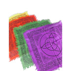 The Witches' Quest set of four rainbow-colored altar cloths with black triquetra and Celtic knot prints and fringe edges.