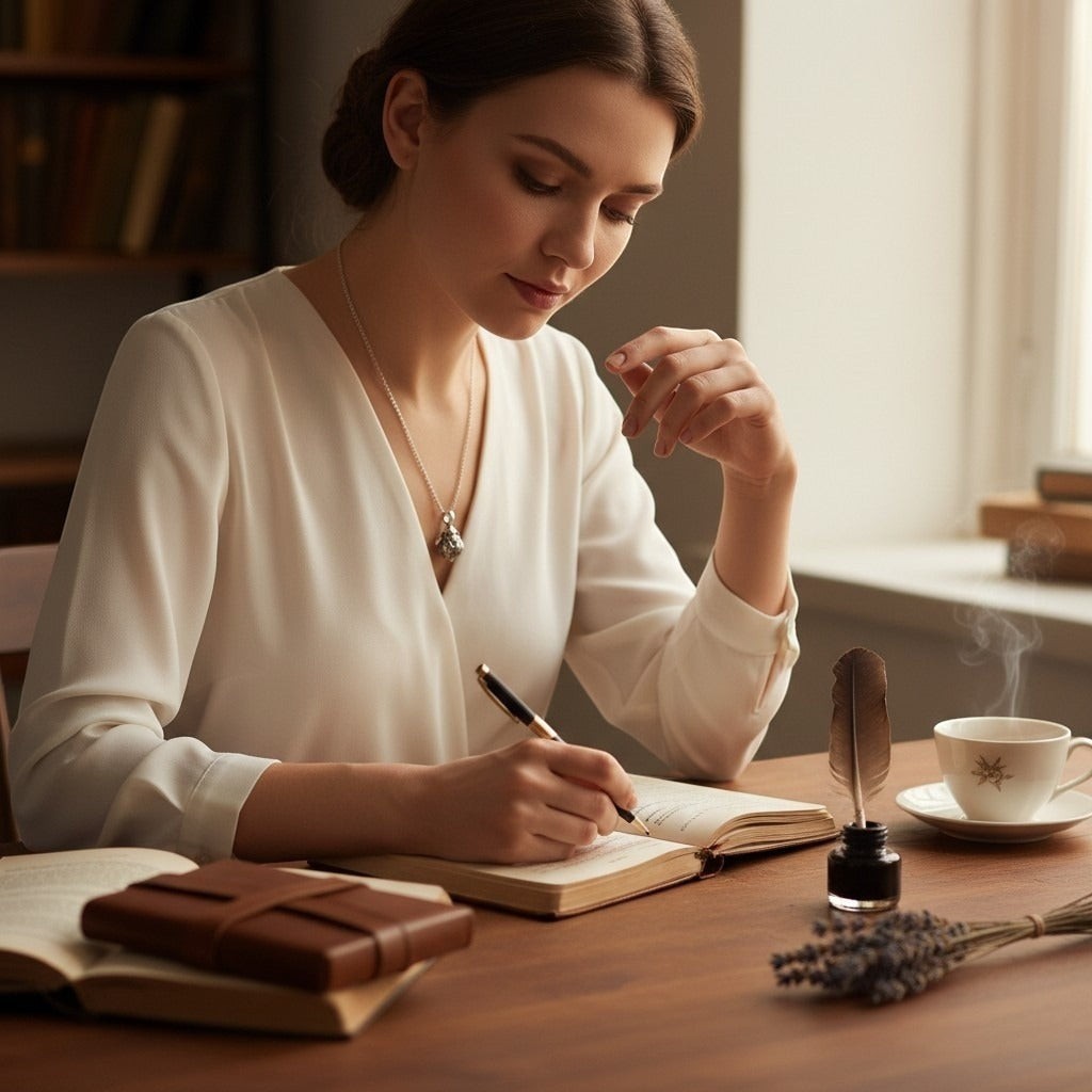 The Witches' Quest silver Victorian poison box locket necklace worn by a woman writing in a journal at a desk.