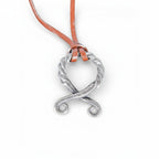 The Witches' Quest Norse Viking necklace with a twisted silvertone oval pendant on a brown leather cord.