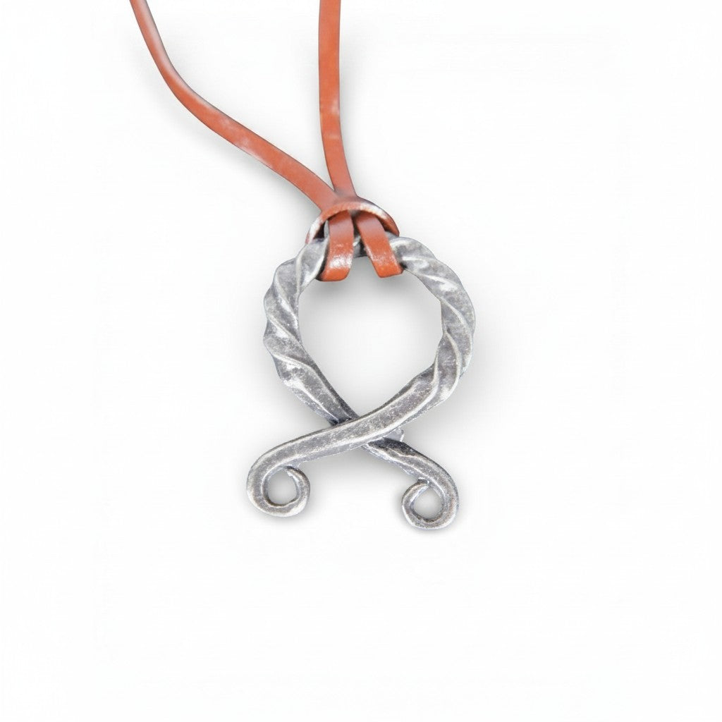 The Witches' Quest Norse Viking necklace with a twisted silvertone oval pendant on a brown leather cord.