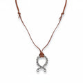 The Witches' Quest Norse Viking necklace with a twisted silver-tone oval pendant on a slim brown leather cord.