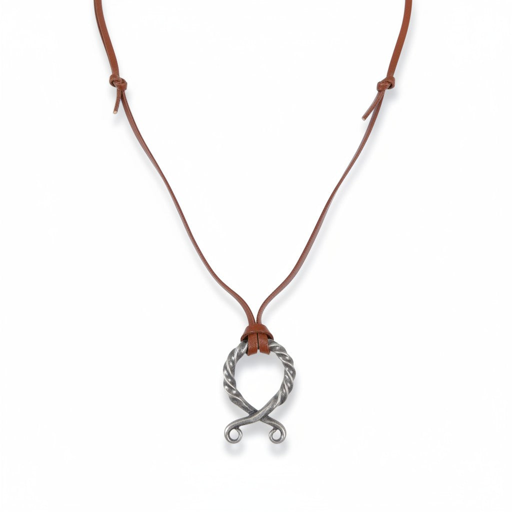The Witches' Quest Norse Viking necklace with a twisted silver-tone oval pendant on a slim brown leather cord.