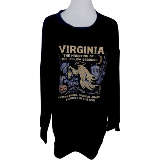 The Witches' Quest black crewneck sweatshirt featuring a Virginia Halloween ghost, lantern, and pumpkin graphic print.