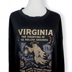 The Witches' Quest black crewneck sweatshirt featuring a Virginia The Haunting Of The Hollow Grounds ghost graphic.