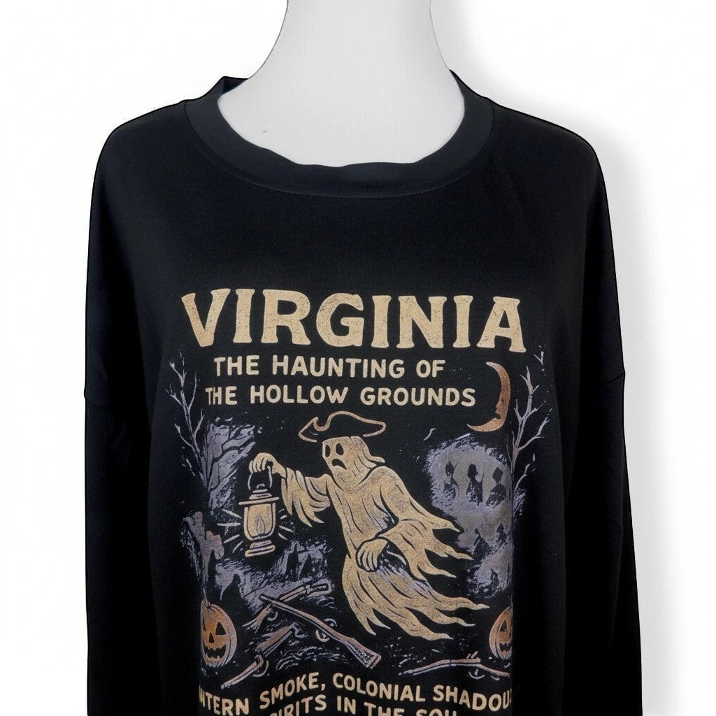 The Witches' Quest black crewneck sweatshirt featuring a Virginia The Haunting Of The Hollow Grounds ghost graphic.
