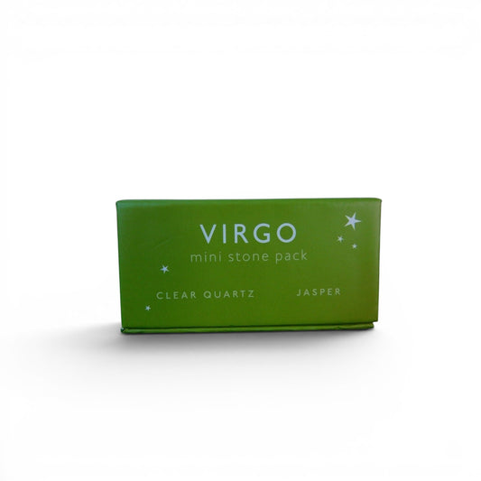 The Witches' Quest Virgo zodiac mini stone pack featuring clear quartz and jasper crystals in a green display box.
