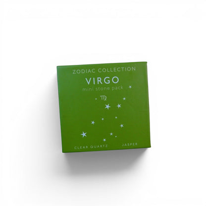 The Witches' Quest Virgo zodiac mini stone pack in a green box featuring clear quartz and jasper crystals.