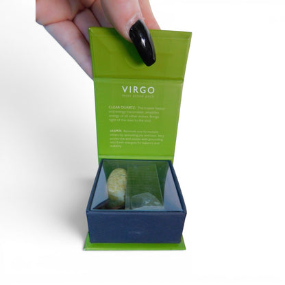 The Witches' Quest Virgo zodiac mini stone pack featuring clear quartz and jasper crystals in a green display box.