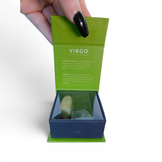 The Witches' Quest Virgo zodiac mini stone pack featuring clear quartz and jasper crystals in a green display box.