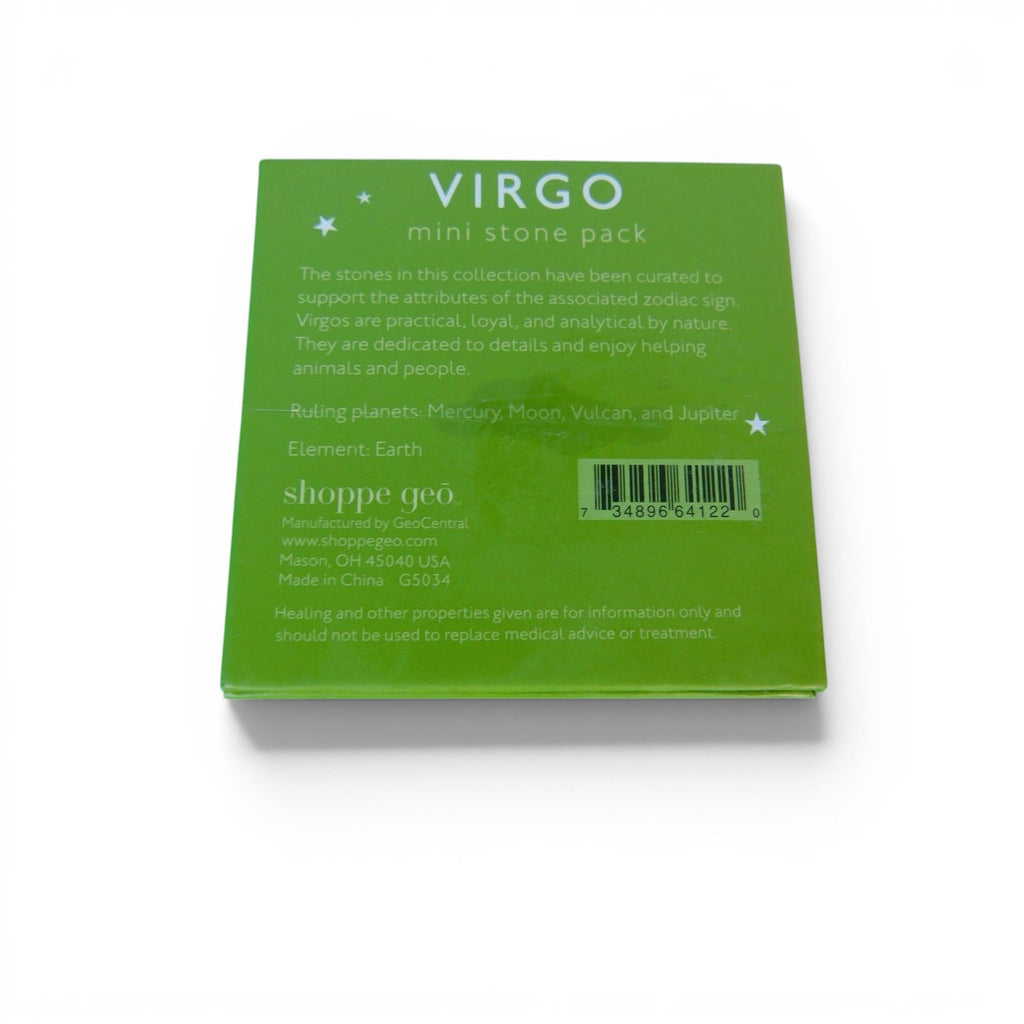 The Witches' Quest Virgo zodiac mini stone pack green display box with astrology information and constellation art