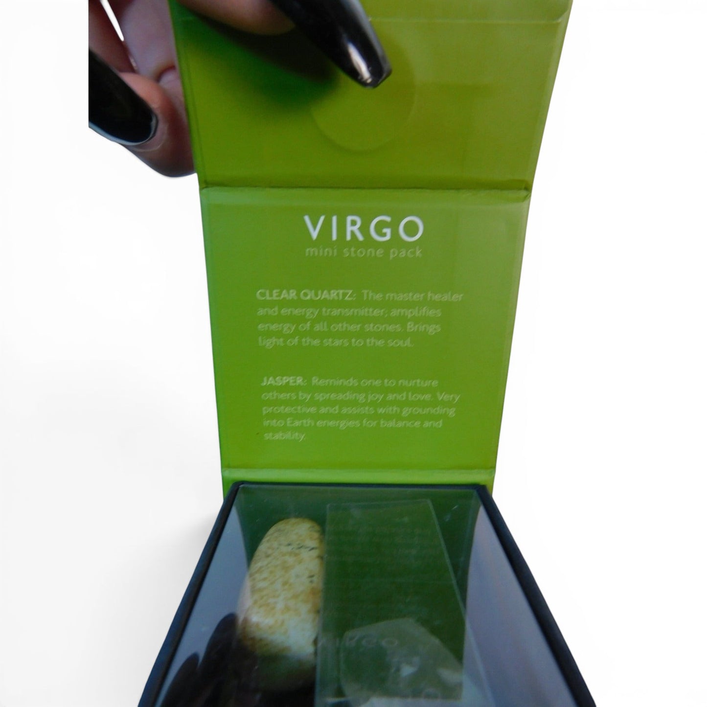 The Witches' Quest Virgo zodiac mini stone pack featuring clear quartz and jasper crystals in a green display box.