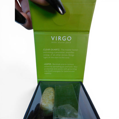 The Witches' Quest Virgo zodiac mini stone pack featuring clear quartz and jasper crystals in a green display box.
