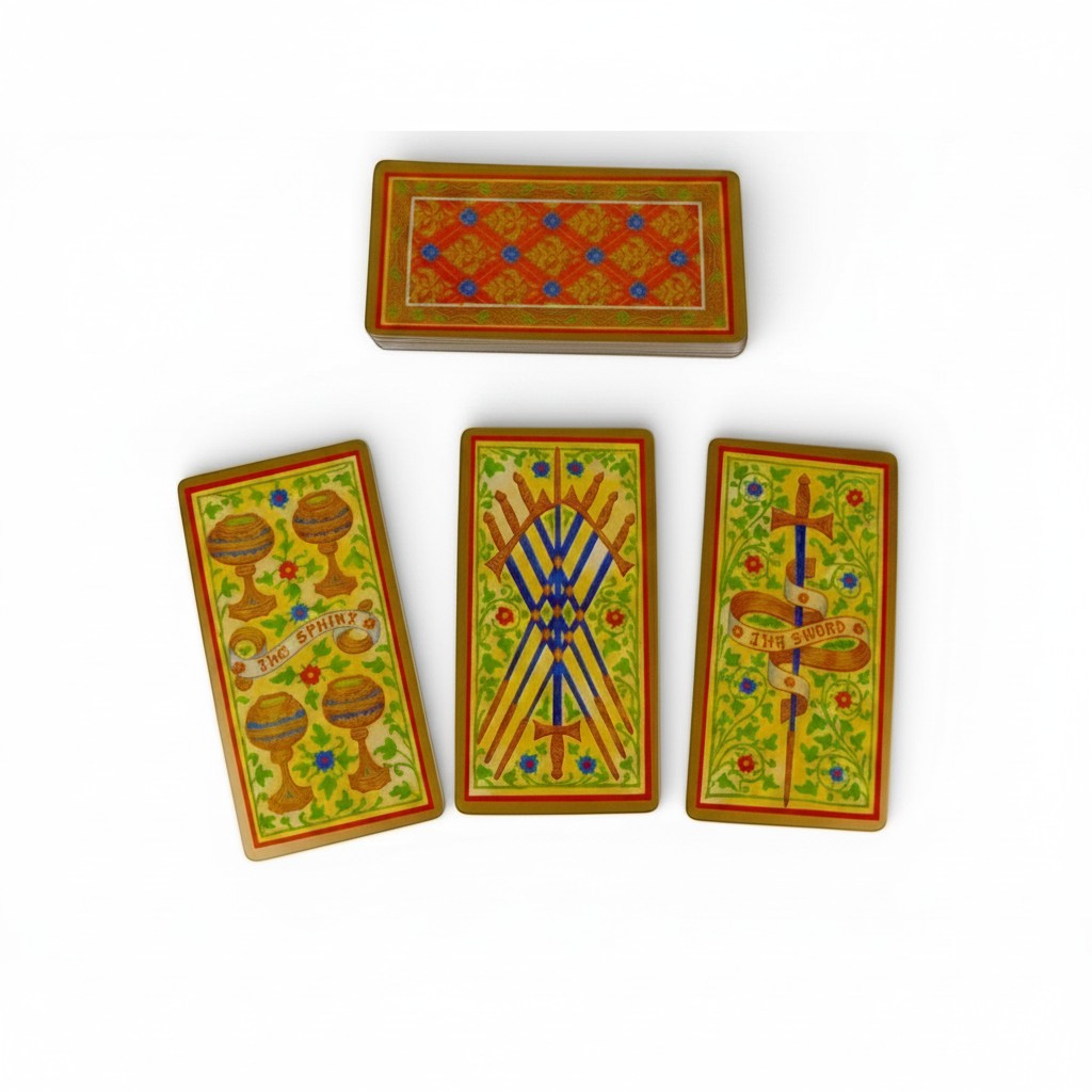 The Witches' Quest Golden Tarot Visconti-Sforza cards featuring medieval gold-toned illustrations and floral borders.