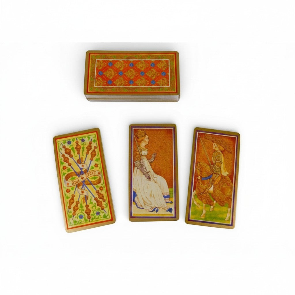 The Witches' Quest Golden Tarot Visconti-Sforza cards featuring medieval illustrations and gold-toned borders